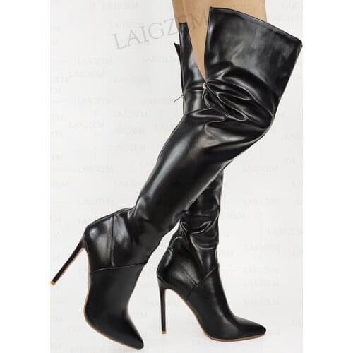 LAIGZEM Women Over Knee Boots Pointed Toe Back Zip Stiletto Heels Tall Boots Ladies Party Basic Shoes Woman Big Size 38 42 43