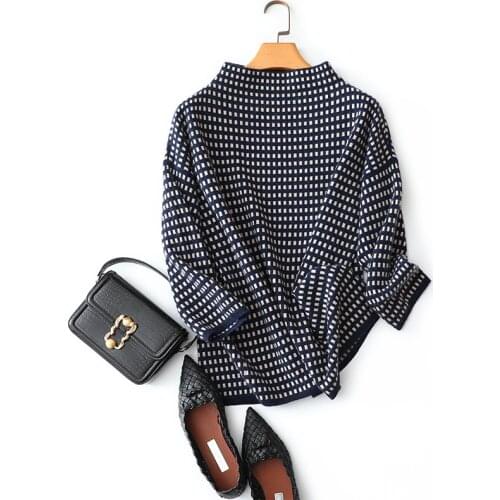 Plaid Mock Neck 100% Cashmere Sweaters for Women Office Lady Pullover Winter Sweater Warm Border Knit Luxury Womens Clothing