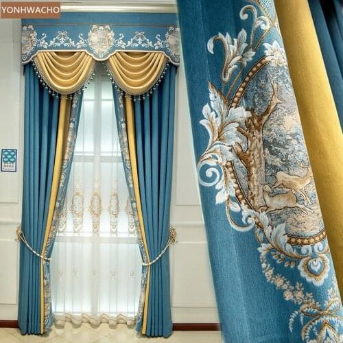 Custom curtain jacquard edge living room modern seamless stitching blue chenille cloth blackout curtain valance tulle panel C677