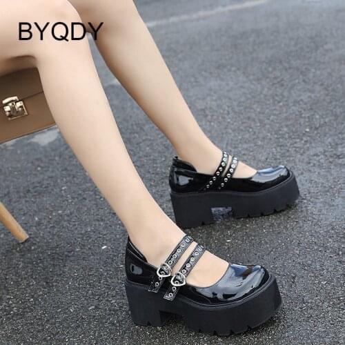 BYQDY Brand Design Heart Buckle Strap Women Shoes Chunky Heel Soft Leather Silver Cosplay Pumps For Party Mary Janes Top Quality