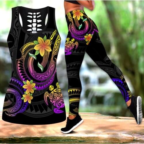 Polynesian Frangipani Flower 3D Printed Hollow Tank Top & Leggings Set Fitness Female Full Length Leggings Running Pants DDK76