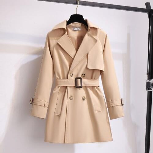Korea Chic Autumn Women Double Breasted Khaki Trench Coat With Belt Streetwear Female Lapel Loose Outwear Black Windbreaker