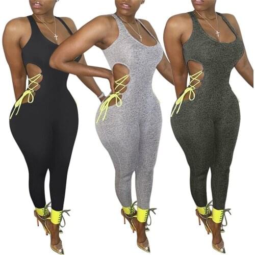 Womens Sexy Suspender Jumpsuit Fashion Solid Color Hollow Bandage Summer Long Jumpsuit