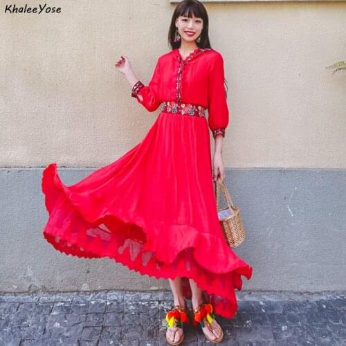 KHALEE YOSE Floral Embroidery Maxi Dress 2 piece dress set Boho Vintage Hooded Spring Autumn Women Dresses Holiday Female Dress