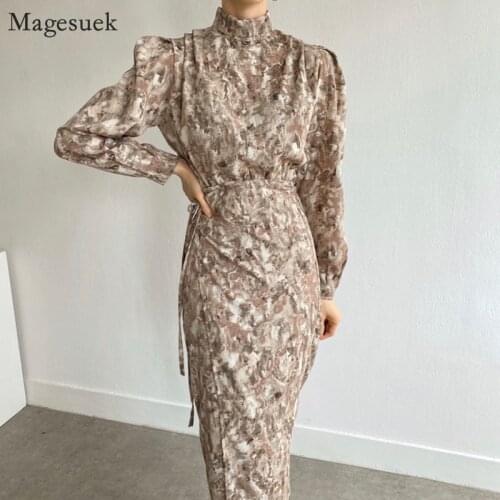 New Spring Summer Dresses for Women Ink Print Vintage Long Dress Female Puff Sleeve Bodycon Ladies Casual Dresse Vestidos 12796