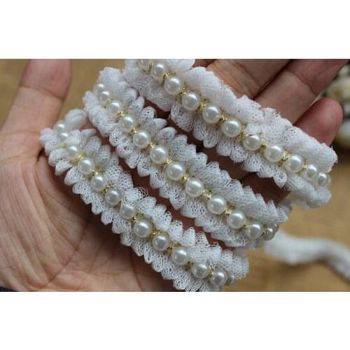 1Yard Pearls Beaded Lace Trim Ruffled Chiffon Lace Trim Gold Thread Ribbon for Bridal gown, Collar, Sash Belt, Wedding Belt