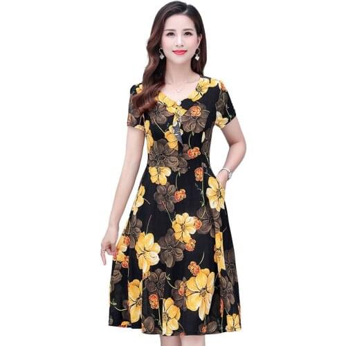 2021 Summer Middle-Aged Womens Clothes Print Chiffon Dress Short-Sleeve Slim Casual Mother A-Line Long Dresses Plus Size KW1117