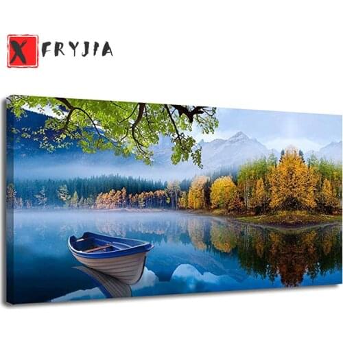 Diamond Painting Natural scenery, boat on the forest lake 5d Diamond Embroidery Full Diamond Mosaic Cross Stitch Decoration
