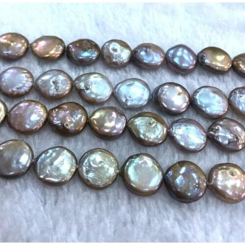 12-13mm Natural Coin Genuine Champagne Purple Freshwater Pearl Jewelry 15"