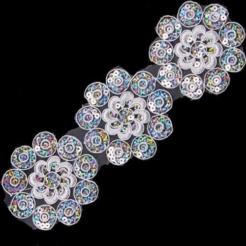 5yards Shiny Sequin Floral Patches Lace Embroidery Trim Lace Ribbon Cord Motif Applique Scrapbooking Sewing Accessories T1660