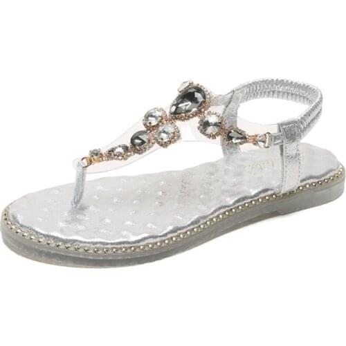 Summer woman sandals PU Elastic band Flat Toe Round Toe Rhinestones Bohemia Toe Beaded Comfy Soft Retro Wedge Low Heels Shoes
