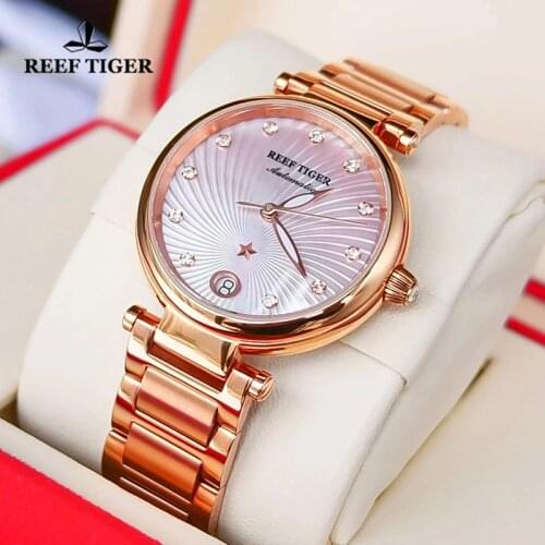 Reef Tiger/RT 2021 Top Brand Luxury Women Watch Rose Gold Case Diamond Dial Bracelet Ladies Watches Date Clock Gift