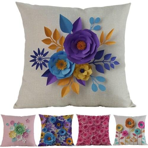 Pure Color Background Stereoscopic Effect Beautiful Flowers Pattern Linen Pillow Case Home Sofa Decoration Cushion Cover 45x45cm