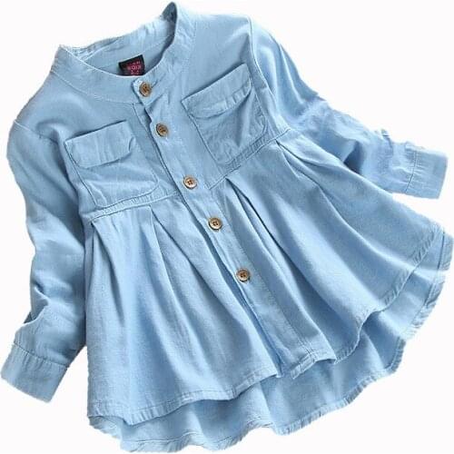 Kids Girls Blue Shirt Dress With Pockets 2021 New Arrival Children Casual Denim Blouse Shirts Princess Cute Spring Clothes 3-12Y