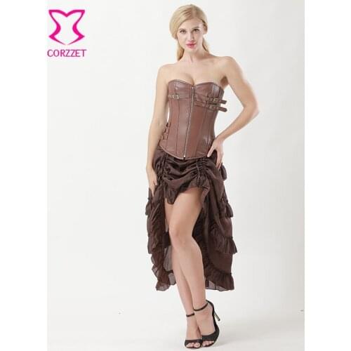 Brown Faux Leather Sexy Corsets and Bustiers Gothic Corpetes E Corselet Corset Skirt Burlesque Dress Steampunk Clothing Dresses