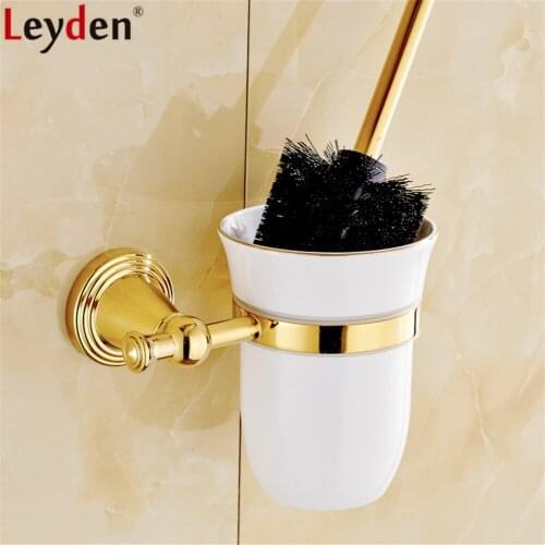 Leyden Golden Finish Brass Wall Mounted Durable Antirust Toilet Brush Holder With Ceramic Cup Lavatory Bathroom Accessories