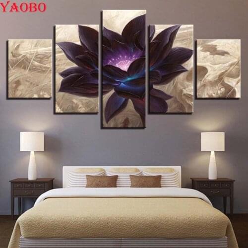 3D Full square diamond embroidery round drill 5 Pieces Black Lotus diamond painting Abstract Flower cross stitch mosaic pattern