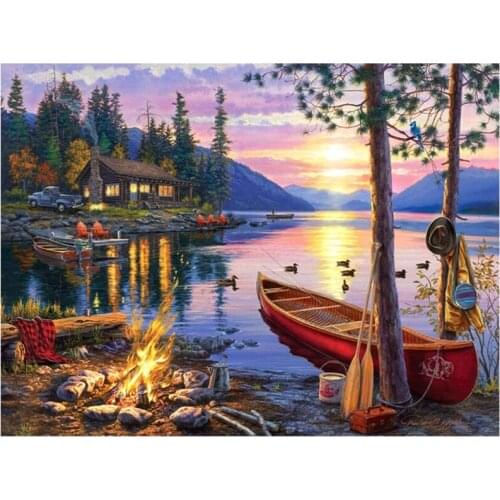 Nature Diamond Painting Kits for Adults, Crystal Diamonds Art Canoe Lake DIY Art Craft for Home Decor