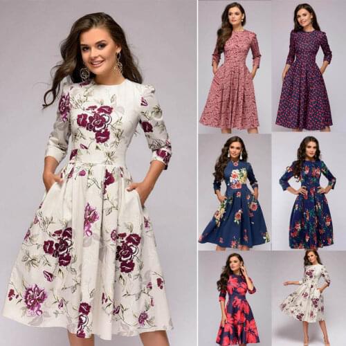 Autumn and Winter Ladies Retro Long-sleeved Dress Floral Print Slim Dress Prom Party Evening Multicolor Elegant Print Dress