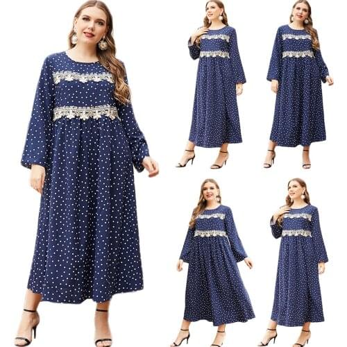 Plus Size Kaftan Abaya Polka Dot Print Muslim Women Long Dress Lace Patchwork Arab Dubai Turkey Ethnic Ramadan Islamic Clothing