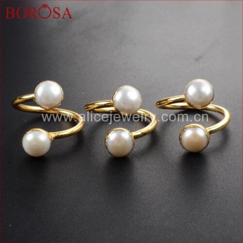 BOROSA 5 pcs Druzy Gold Color Double Natural Natural Freshwater Pearl Adjustable Wrap Ring G1097