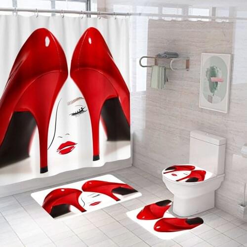 Romantic Red High Heels Shower Curtain Sexy Woman With Non Slip Rug Mat Bathroom Curtain Waterproof Polyester Home Decor Fantasy
