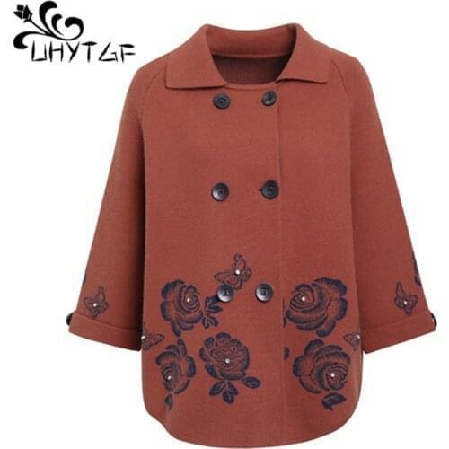 UHYTGF Knitted Cardigan Women Spring Autumn Jacket 2021 Fashion Double-Breasted Loose 5XL Plus Size Coat Elegant Female Tops1726