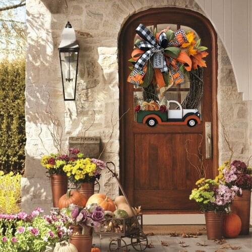 Halloween Pumpkin Truck Wreath Gnome Dogs Welcome Door Hanging Wreath Door Front Decoration Plaques Plaid Bow Wreath Decor