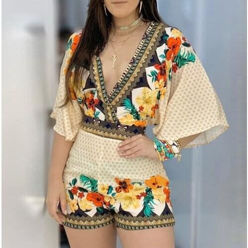 Wsevypo Women Summer Rompers Ethnic Style Flowers Print Flare Sleeve V-Neck Playsuits Plus Size Backless Tied Rompers 6 Colors