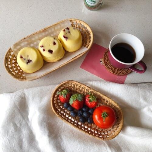 Storage Tray Rattan Bread Storage Tray Oval Hand-Woven Tea Basket Rattan Wicker Basket Plate Home Decoration Snack Display