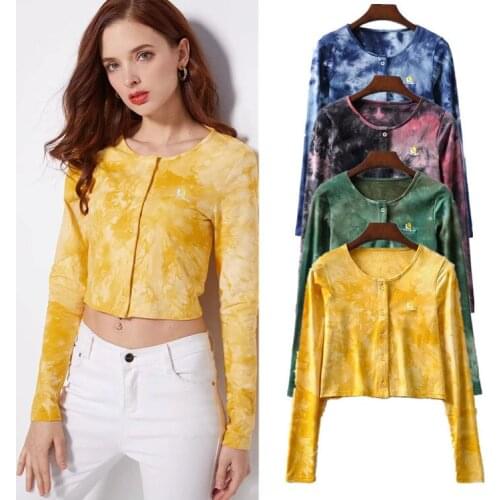 2020 Fashion Women Autumn Fall Long Sleeve Short T-shirt Top Female Tie Dye Embroidery Tee Shirt Single-breasted tshirt