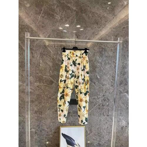 Summer Pants Women 2021 Camellia print Floral Cotton Poplin Yellow High waisted Slant Pocket Sicily Luxury Runway Casual