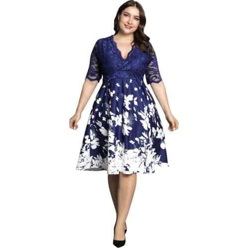 Plus Size Women Patchwork Floral Sundress 2021 Summer Knee Length Dress Elegant Mesh Sleeve Tunic Vestido Female A-Line Robe