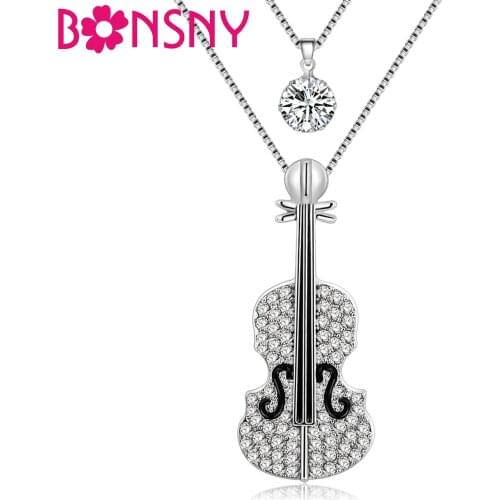 Bonsny Statement Violin Necklaces Pendants Long Rhinestone Chain Collar New Fashion Musical Instrument Tool Jewelry For Women