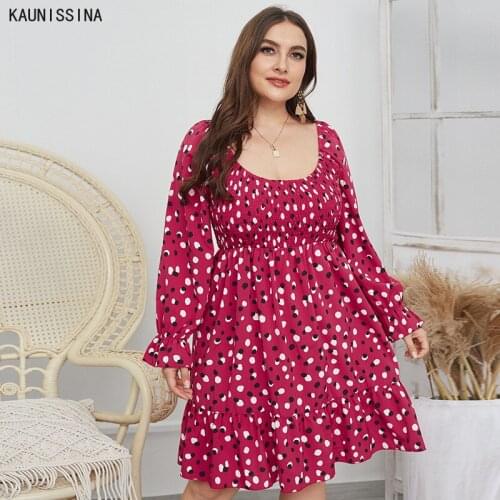 Women Plus Size Dresses Long Sleeve Floral Printed Square Collar Dress A-Line Streetwear Spring Fashion Vestidos L-4XL Sizes