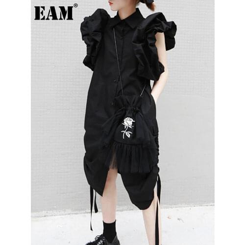 [EAM] Women White Irregular Ruffles Drawstring Midi Dress New Lapel Sleeveless Loose Fashion Tide Spring Summer 2021 1DD5163
