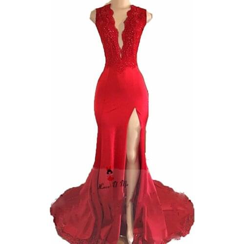 Red Women Sexy Formal Evening Gowns Robe de Soiree Courte Backless Split Side Lace Mermaid Prom Dresses Beads Deep V Neck Tank