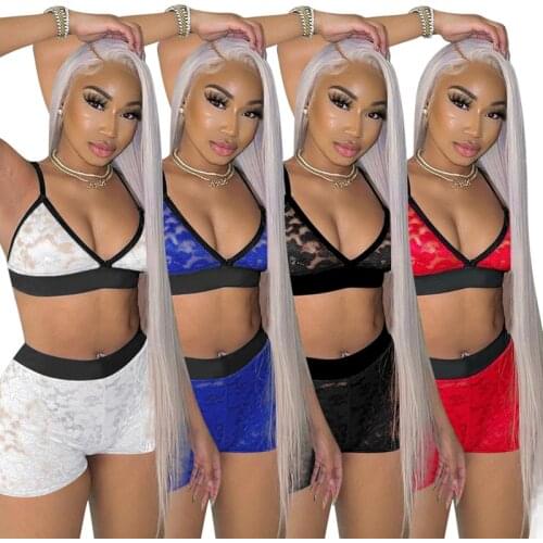 2021 Solid Lace Patchwork See Through Two Piece Set Women Sexy Spaghetti Strap Bra Top And Shorts Casual Nightclub Outfits