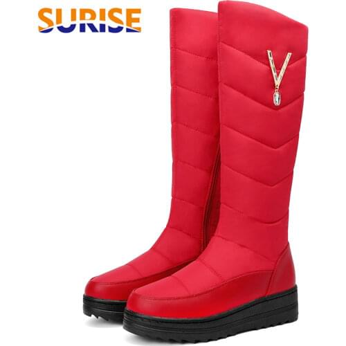 2021 Winter Women Snow Boots Round Toe Warm Fur Rhinestone Anti-slip Wedge Platform Flat Heel Casual Blue Zipper Knee-high Boots