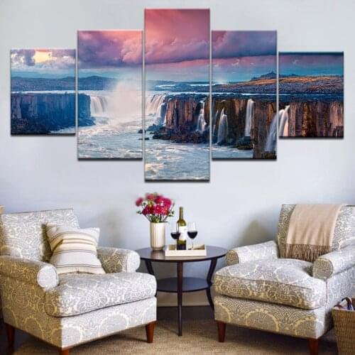 5Panel HD Print all kinds of waterfall in the mountain Pink cloud Print On Canvas Art Painting For home livingroom decoration