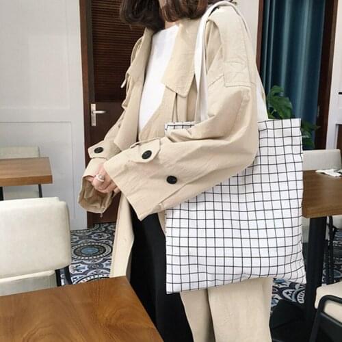 8PCS / LOT Women Shopping Bag Environmental Canvas Women Small Grid Reusable Tote Pouch Casual Folding Girls Simple Bag