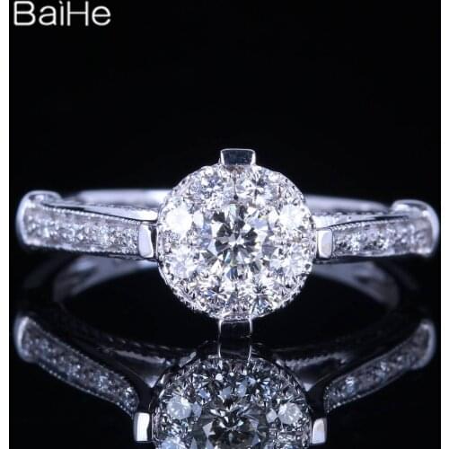 BAIHE Solid 14K White Gold 0.1CT H/SI Round Genuine Natural Diamonds Wedding Gift Women Trendy Fine Jewelry Round Diamond Ring