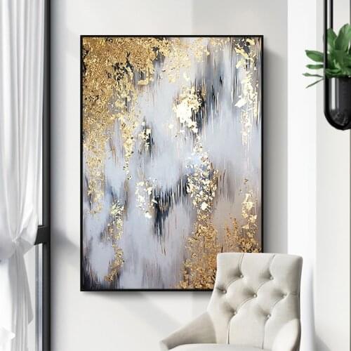 Large Abstract Gray Gold Hand Painted Canvas Oil Paintings Modern Textured Palette Knife Picture Wall Art For Home Decoration