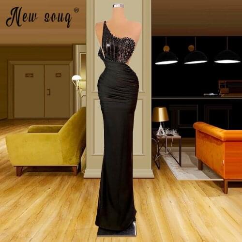 Black one shoulder Crystals Evening Dress 2021 Beads Mermaid Dubai Saudi Robe De Soiree For Party Satin Vestidos De Fiesta