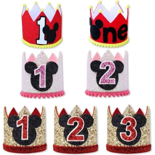 1 2 Years Old Birthday Hat Baby Shower Decorative Headband Mickey Minnie Party Crown Hat Gold Red Black Birthday Crown Party Hat