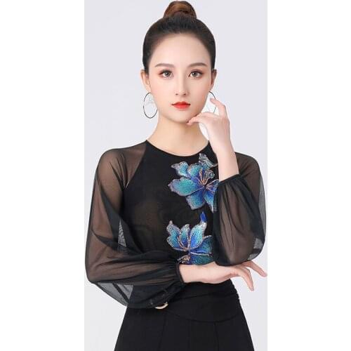 Doubl New Latin Clothes Mesh Embroidery Jumpsuit Spring National Standard Dance Long-Sleeved Round Neck Womens Slim Modern Top