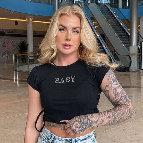 Summer Casual Basic Black T-Shirt Letter Crop Egirl Tops Drawstring Tops Women Short Sleeve Tees Streetwear female Elegant