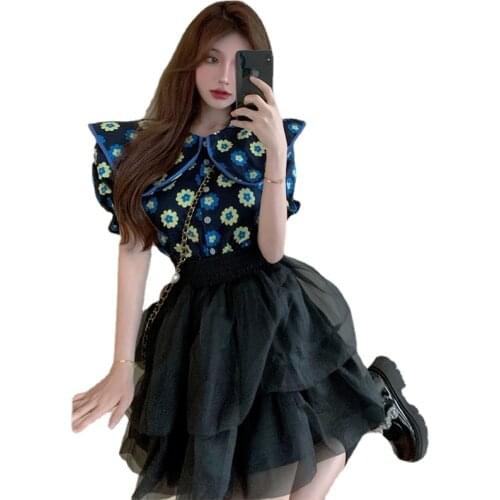 Summer Sweet Girl 2 Piece Sets Outfits Puff Sleeve Flower Print Shirt Top&Mesh Ball Gown Mini Tutu Skirt Sets 2pc Dress Suits