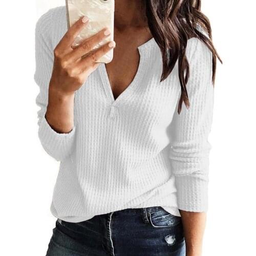 Fashion Women Clothes for Autumn Basic T-shirt Waffle V Neck Solid Color Long Sleeve T-shirt for Female Casual Ladies Tops 2021