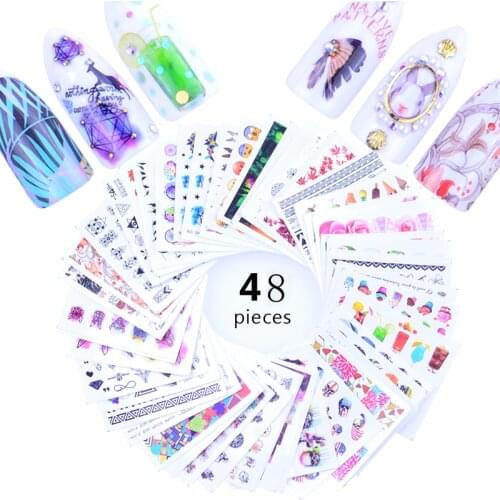 48 Sheet/Set Simple Maple Leaf Ice Cream And Geometry Nail Art Water Nail Stickers Foil For Manicure Stickers Nail Supplies